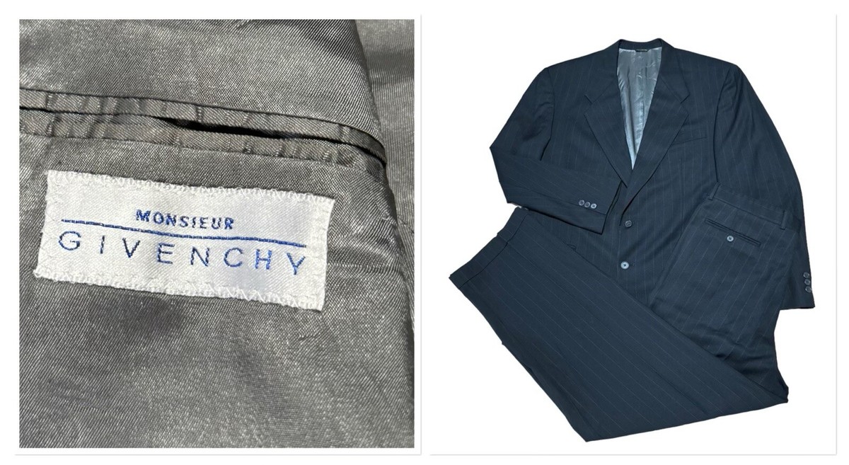 Monsieur by Givenchy 2 Pc Black Pinstripe Wool Suit Mens Size 44