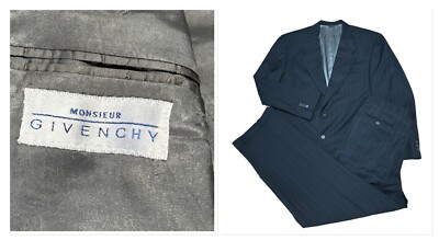 Monsieur by Givenchy 2 Pc Black Pinstripe Wool Suit Mens Size 44