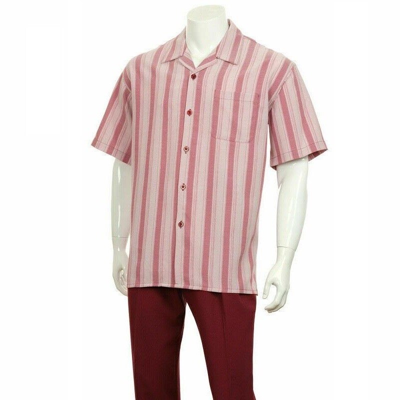 Image 4 - Men's 2pc Walking Suit Short Sleeve Striped Shirt &amp; Solid Long Pants Set #2974 