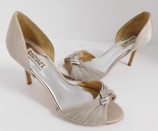 Badgley Mischka Jennifer Champagne Satin Jeweled Open Toe Pumps 7.5 M