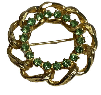 GREEN RHINESTONE CHAIN LINK DESIGN CIRCLE BROOCH PRETTY RETRO COOL 