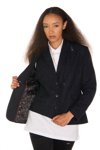 Womens Tweed Herringbone Blazer Jacket Waistcoat Navy Blue 1920 Vintage Tailored - Picture 16 of 16