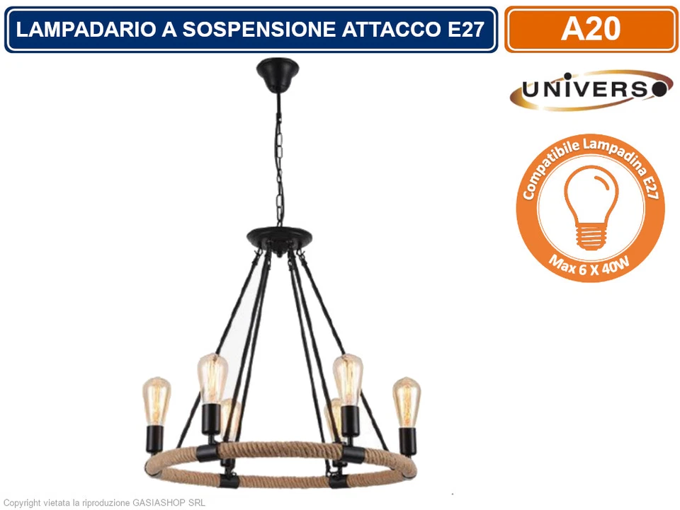 LAMPADARIO SOSPENSIONE COUTRY RUSTICO IN CORDA DI FORMA CIRCOLARE 6 ATTACCHI E27 - Immagine 2 di 2
