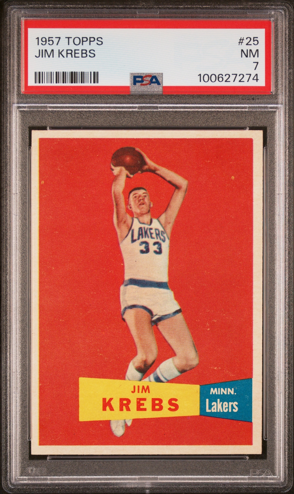 1957 TOPPS BASKETBALL CARD #25 JIM KREBS, PSA 7 NM (MINNEAPOLIS LAKERS)