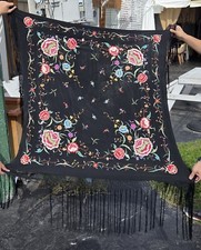 Black Silk Manton Manila Shawl   Flamenco Dancers - Antique embroidered