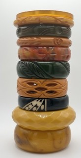 RARE Vintage Chunky Bakelite Marblelite Bangle Bracelet Lot Carved Butterscotch