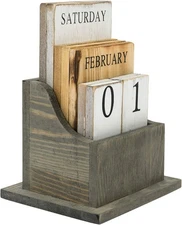 MyGift Solid Wood Perpetual Desk Calendar in Vintage Gray Finish with Wooden Til