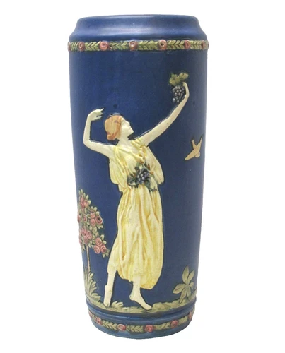 WELLER 11" Blue Ware (Maidens Dancing) Playing Harp & Flowers Vase Circa 1920's