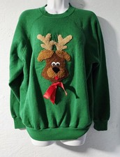 Vintage 80s Tultex Green Reindeer Christmas Sweatshirt - XL