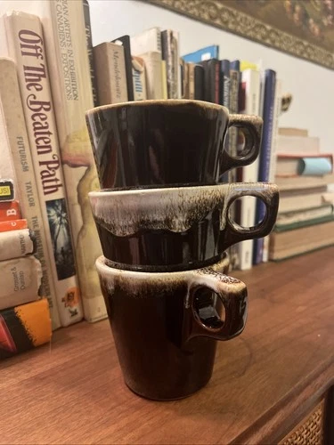 Vintage Hull Pottery Oven Proof USA Brown Drip Glaze Coffee Mugs Cups Set Of 3