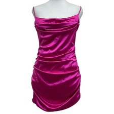 Lucy in the Sky Fuchsia Pink Satin Cowl Neck Ruched Bodycon Mini Dress sz L