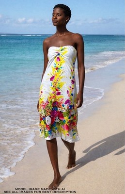 VTG Strapless Barkcloth Sundress S Midi Psychedelic Palm Royale Resort Wedding