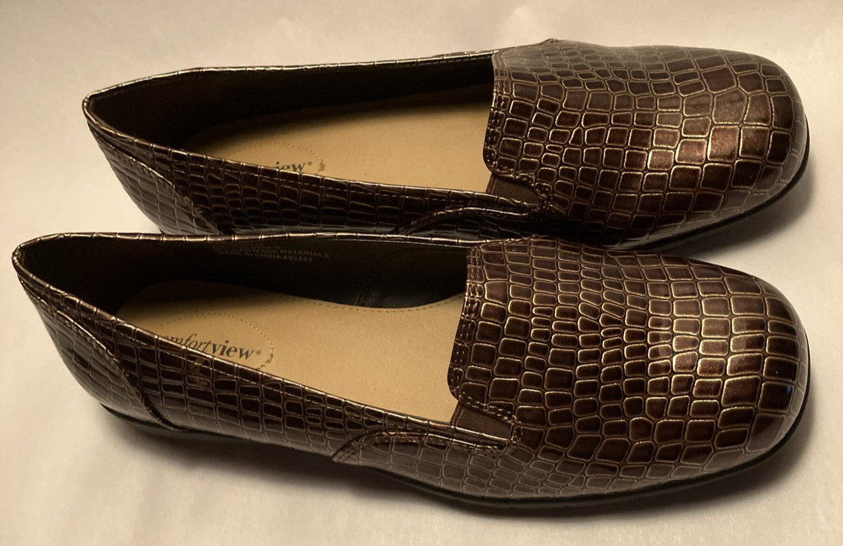Comfortview Leisa Womens 8.5M Brown Shiny Croco Cushion Slip on Comfort Loafers
