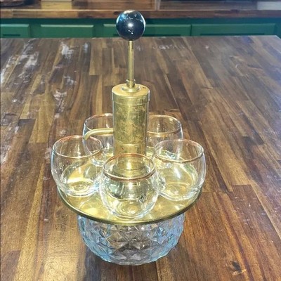 Vintage MCM Park Sherman Brass Aerator Pump Liquor Decanter and Glasses Works!