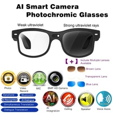 Smart AI Camera Glasses 8MP Photochromic Lenses w/ Translation & UV