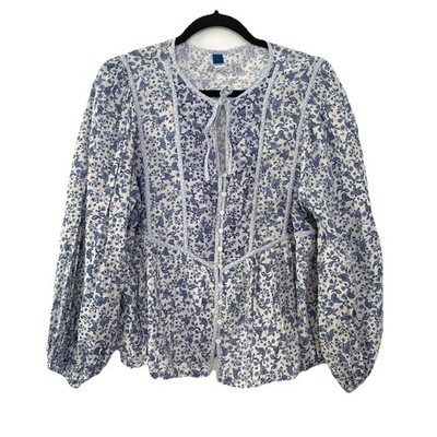Old Navy Womens Large Shirt Boho Cottagecore Coquette Micro Floral Blue Picnic