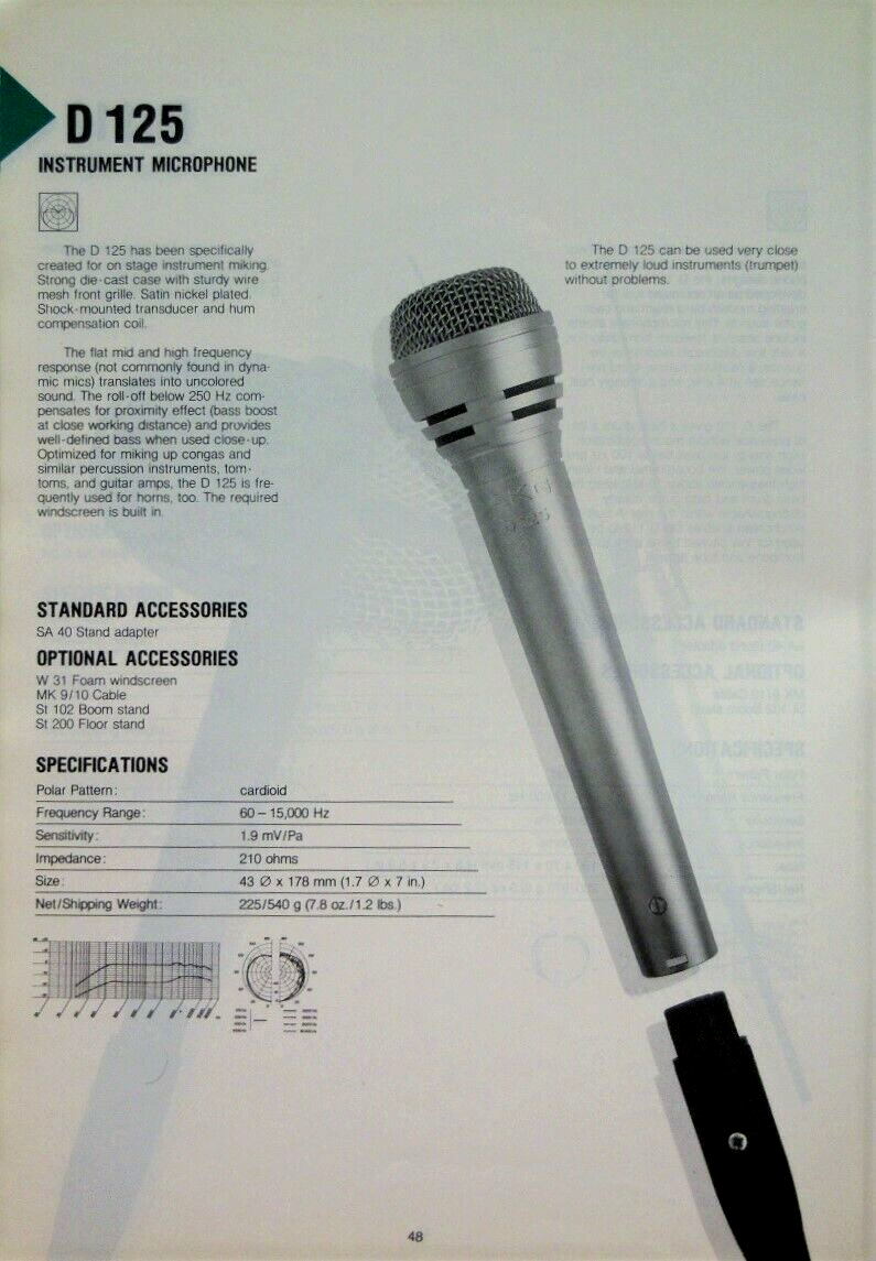 Vintage 1980's AKG D125 Dynamic cardioid microphone Lo Z w