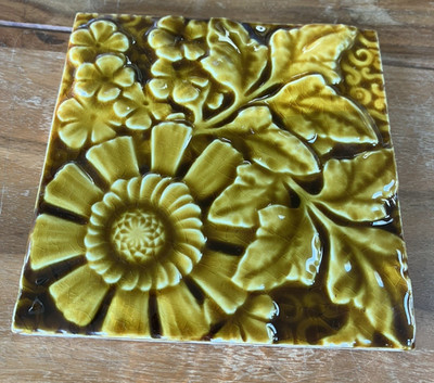 Antique TRENT Tile Co Tile Floral Raised Relief 6'' x 6'' Shiny and HEAVY!