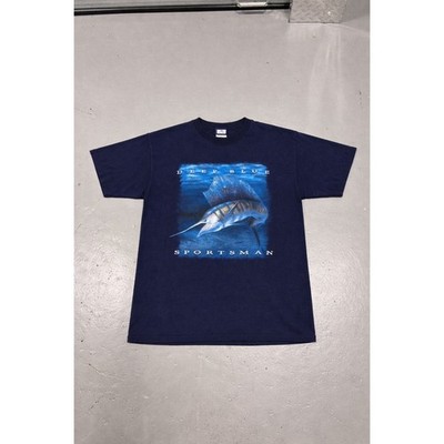 Vintage Y2K Deep Blue Sportsman Swordfish T Shirt Navy Graphic Fishing Tee 2000s