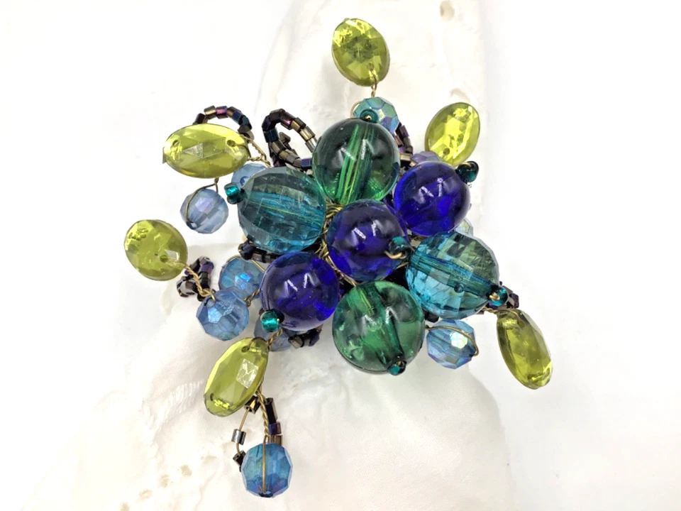 Anillos de servilletas con racimo de 8 cuentas azul verde floral AB tinte vacaciones LEER Foto 2 de 4