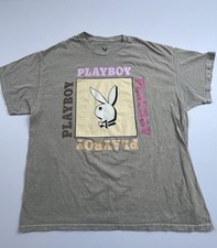 Maglietta Playboy Uomo XL Grigio Coniglietto Logo Grafica Maglietta Senza Etichetta Pastello Stampa Quadrata