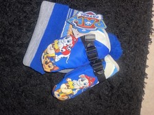 Paw Patrol Boys Knit Hat Mittens Set Blue Chase Marshall Rubble Pom-Pom