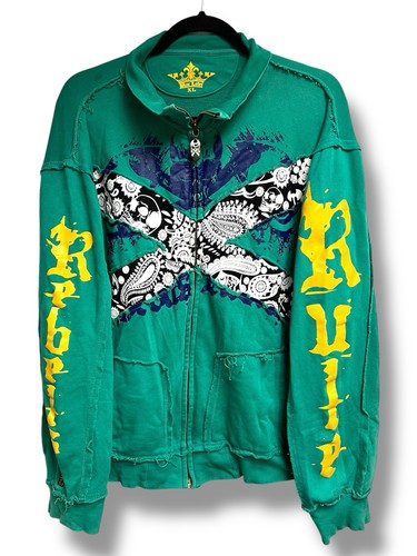 Blac Label Y2K 2000’s Full Zip Sweatshirt Rebels Rule Skull Green XL Grunge