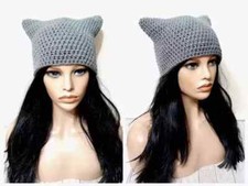 crochet womans handmade hat kitty cat ears beanie  main gray new