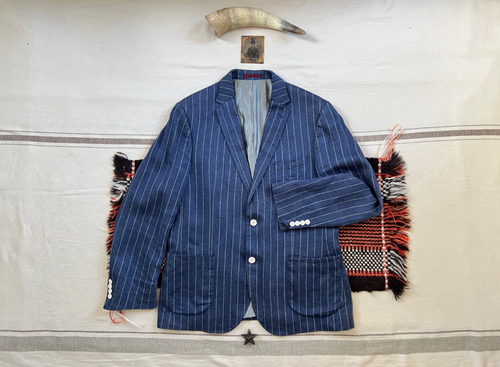 M&S Italian Linen Blazer M 42 Indigo Blue Stripe RRL Naval Tailoring Style Luxe