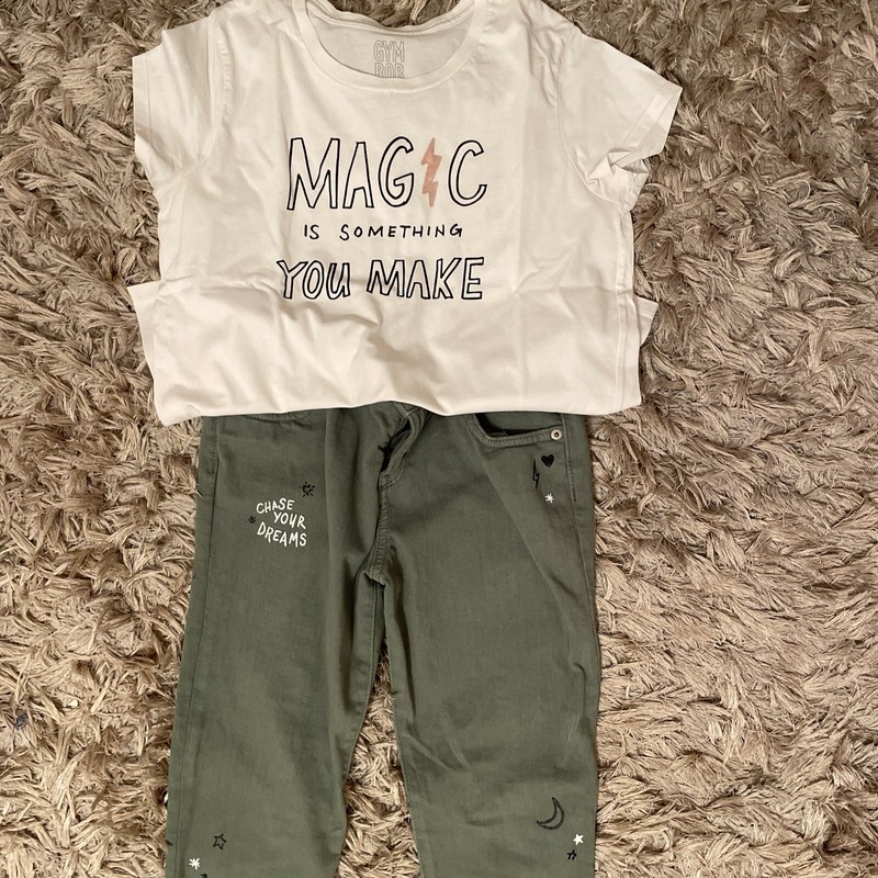 Gymboree Super Skinny Girls Khaki Jeans Pants & Top Set Adjustable Waist Size 10