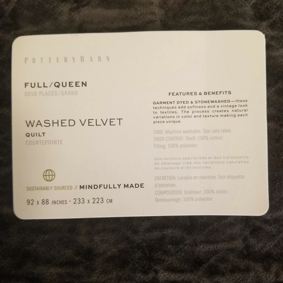 Pottery Barn Washed Velvet Handcrafted Quilt Full Queen Charcoal - Image 4 of 4
