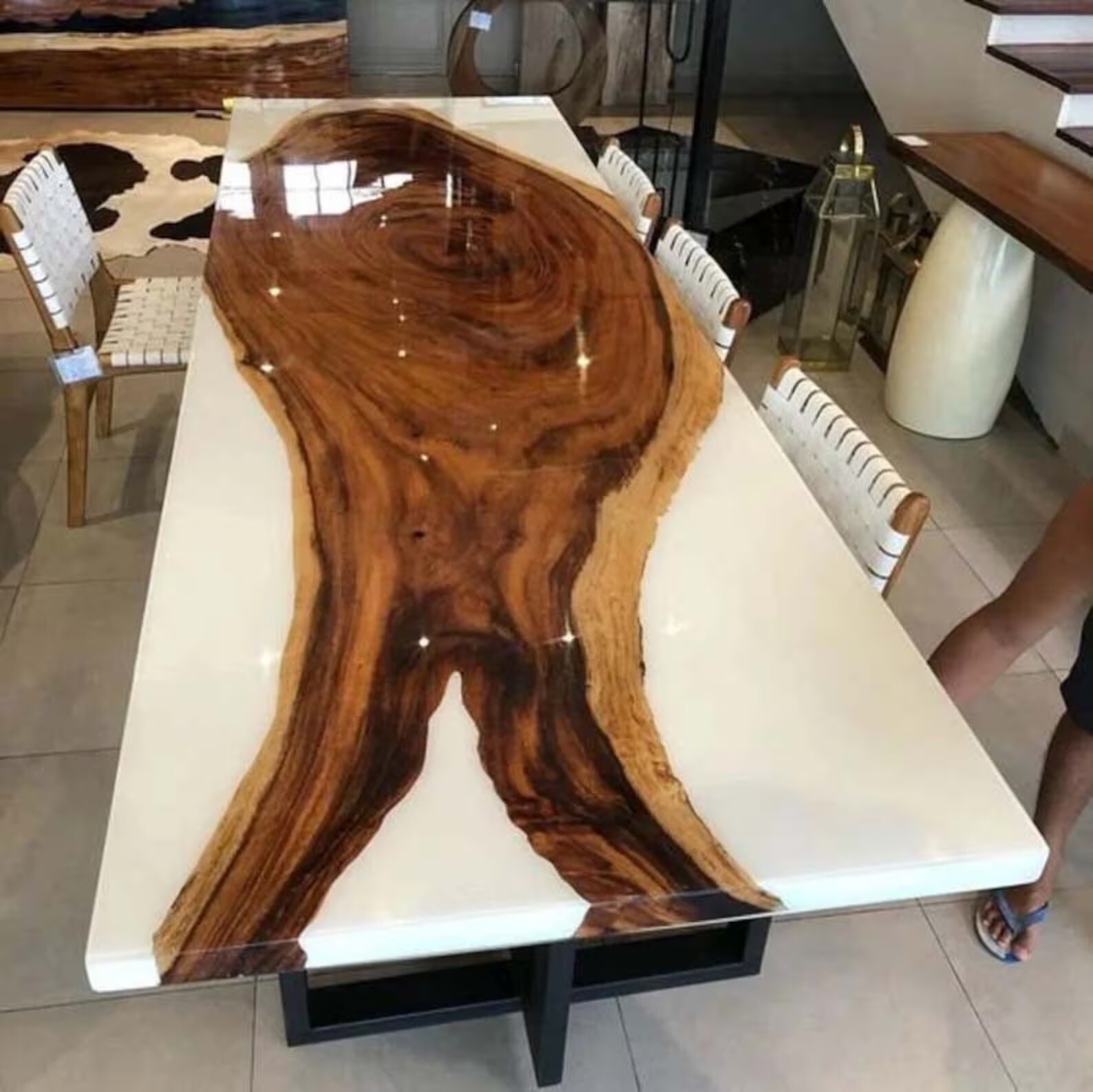 White Epoxy Resin Top Dining Table, Conference Meeting Table, Epoxy Walnut Table