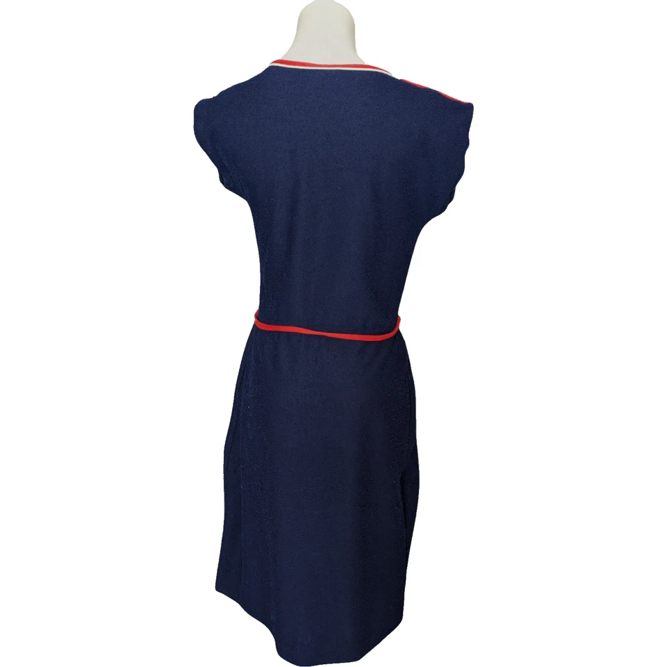 Vintage 70s Navy Blue Towelling Boat Neck Short Sleeve Knee Length Dress Size 14 - image 2 of 4