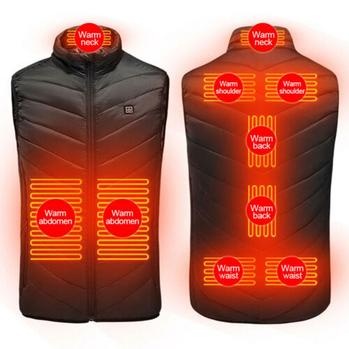 Men USB Electric Heated Vest Jacket 9 Zone Warm Up Heating Pad Cloth Body Warmer - Afbeelding 1 van 17