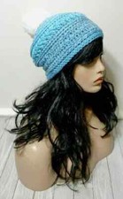 crochet womans handmade hat beanie faux fur pom ocean blue puffs