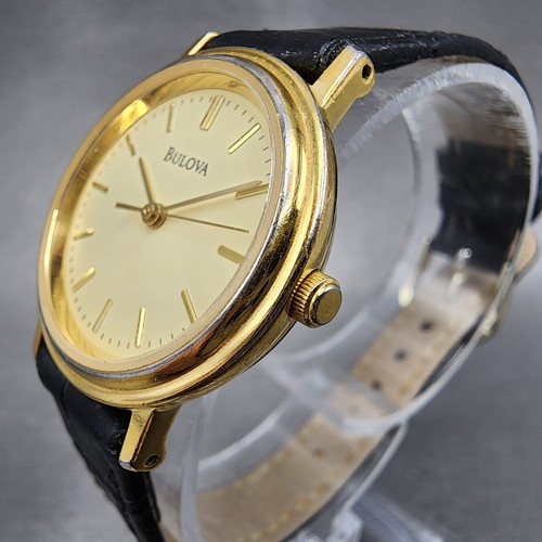 VTG Bulova Watch Women 26mm Gold Dial Gold Tone Round Leather Band New Battery - Picture 3 of 11