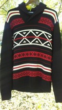 Vtg Chaps Geometric Heavyweight Sweater XL Pullover Cowl Neck Red Black White