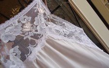 NOS Vtg Lucie Ann SILKY Pink Nylon Frilly White Lace Negligee L Sweep 110" Bride