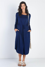 Comfy Navy Long Sleeve Basic Midi / Maxi Dress with Pockets and Adjustable Waist