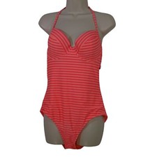 Old Navy Orange Pink Striped One Piece Swimsuit Women Size L Padded Underwire