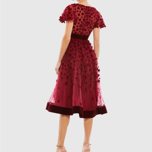 MAC DUGGAL Cranberry red Embellished Butterfly Sleeve Velvet Hem Midi Dress 12 - Picture 3 of 11