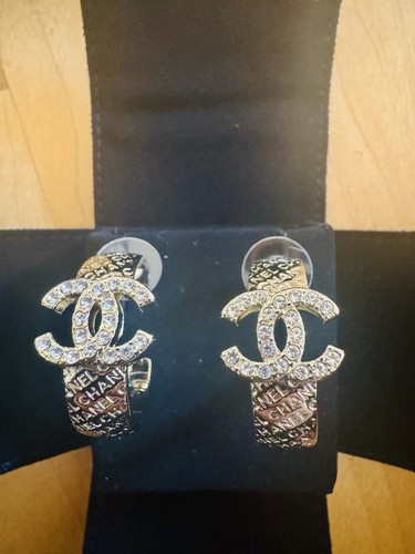 CHANEL CC Logo Crystal Hoop Gold Tone Earrings