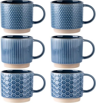 12 OZ Stackable Coffee Mugs Set of 6, Ceramic Coffee Mugs with Texture  Patter...