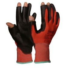 3-Fingerless Work Gloves Red Nylon Black PU Palm Coated Precision Grip M to XXL