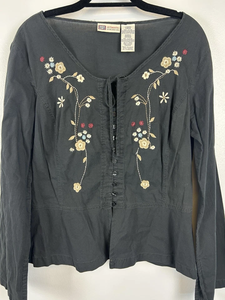 De Colección Top Gloria Desteñido Grande Negro Floral Bordado Manga Campana Boho Y2K Festival Foto 2 de 4