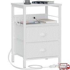 End Table W/ Charging Station USB Ports Fabric Drawers Nightstand Storage Shelf