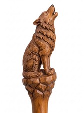 Hand Carved Wolf Staff, 72 Inch Teak Wood Ceremonial Cosplay Prop, Four Piece