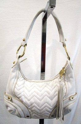 Via Spiga White Leather Chevron Pattern Tassel Hobo Shoulder Bag Purse