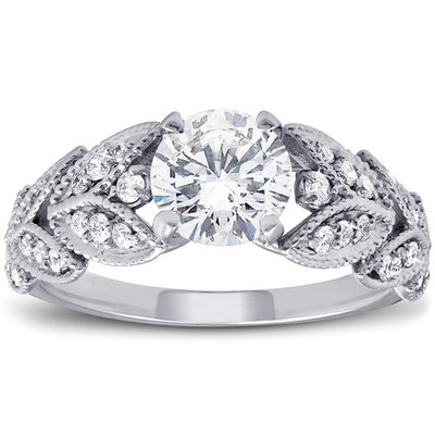 F/VS 1ct Diamond Engagement Ring   Petal Vine Leaf 14k White Gold Enhanced