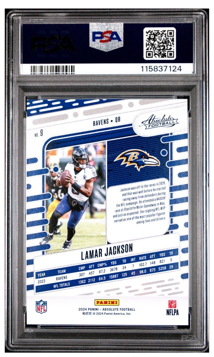 PANINI 2024 ABSOLUTE LAMAR JACKSON #9 RED SQUARES /499 PSA 8 RAVENS view 2